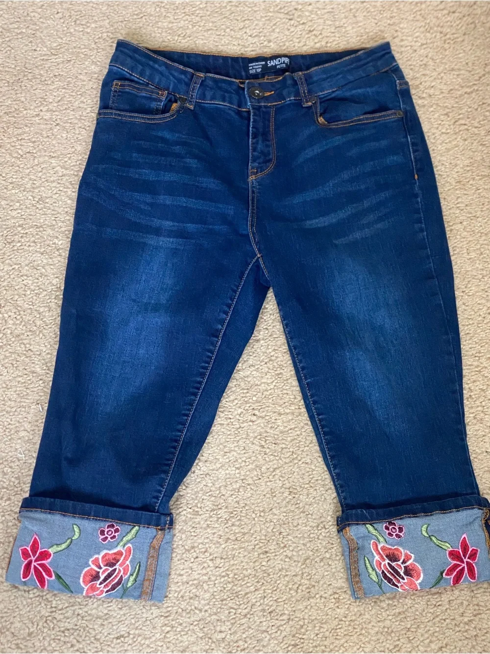 Sandpiper Dark Blue Cropped Jeans with Embroidered Cuffs